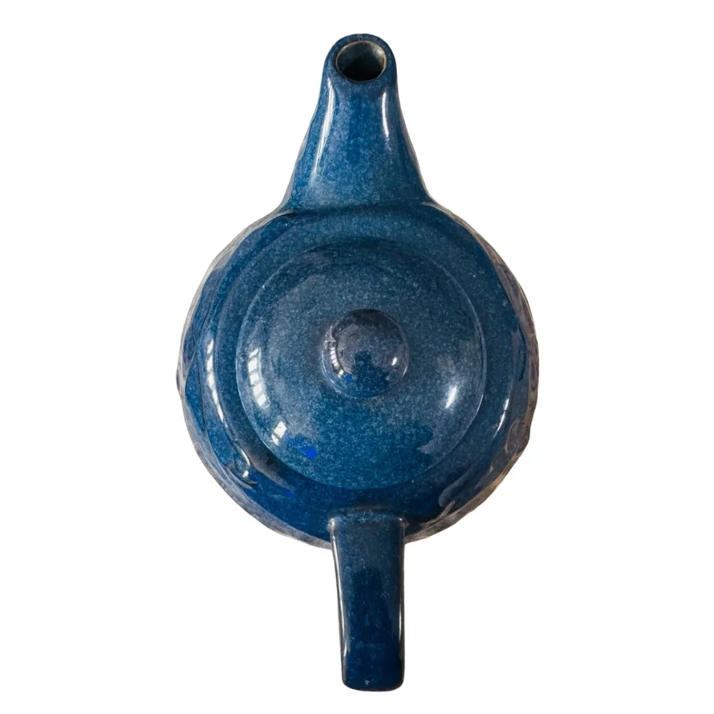 PIER 1 Vintage Art Pottery Stoneware Teapot 12 Oz Glazed Blue Handle Whimsical